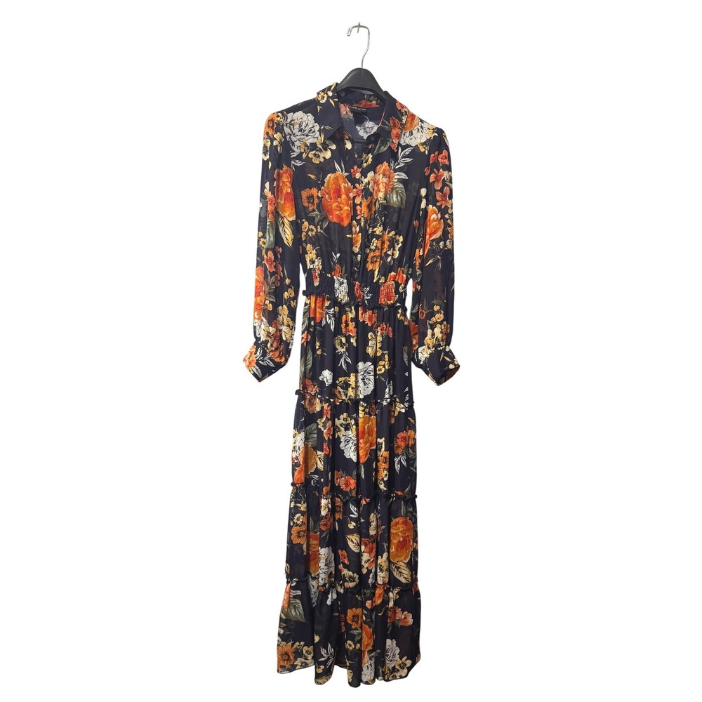 Kate and Lily Floral Chiffon‎ Maxi Dress Navy Orange Smocked Waist Size 6 14957